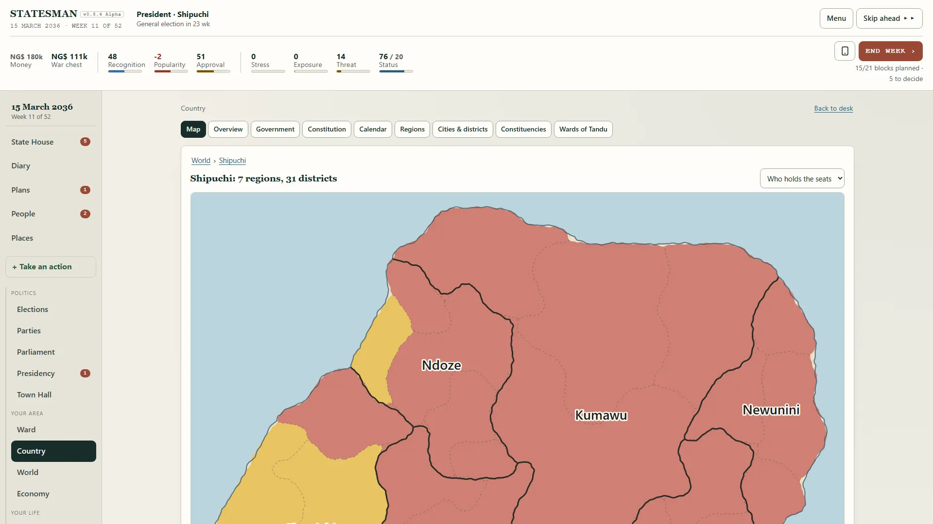 The country: Regions, districts and seats, coloured by who holds them.